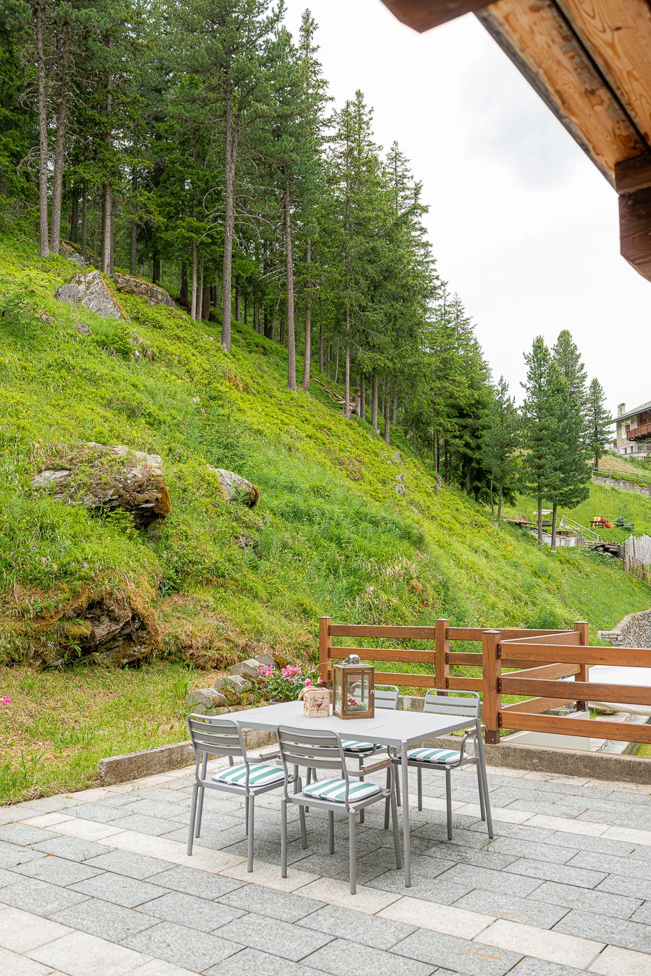 La terrazza sul prato, con il bosco alle spalle